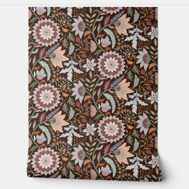Moody Boho Indian floral with  maroon background Wallpaper (Unrolling)