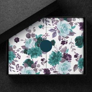 Moody Boho   Teal and Eggplant Purple Rose Pattern Tissue Paper