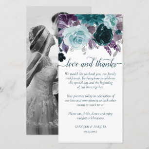 Moody Boho Teal and Eggplant Purple Rose Photo Thank You Card