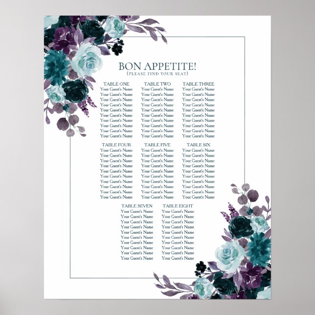 Moody Boho | Teal and Purple 10 Top Seating Chart (Front)