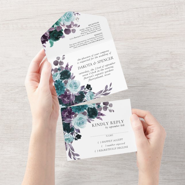 Moody Boho | Teal and Purple Dark Floral Bouquet All In One Invitation (Tearaway)