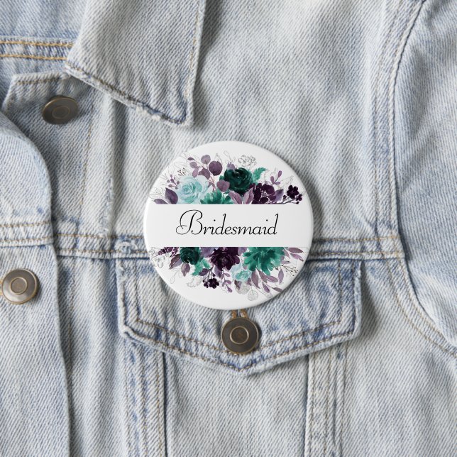 Moody Boho | Teal and Purple Floral Bridal Party 3 Inch Round Button (In Situ)
