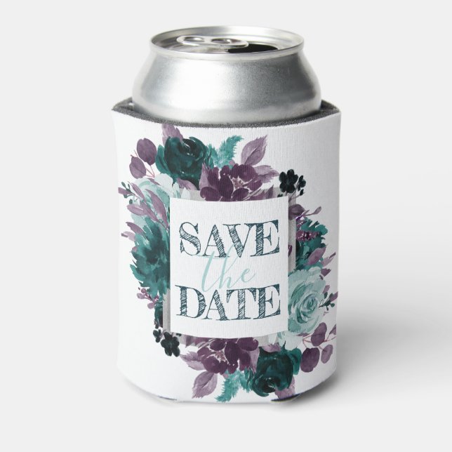 Moody Boho | Teal and Purple Floral Save the Date Can Cooler (Can Back)