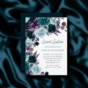 Moody Boho   Teal and Purple Roses Sweet Sixteen Invitation