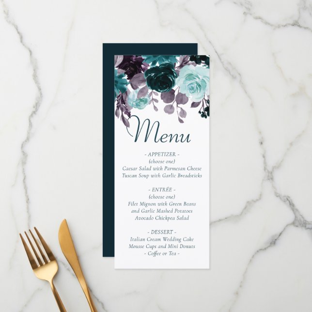 Moody Boho | Teal and Turquoise Dark Floral  Menu (Front/Back In Situ)