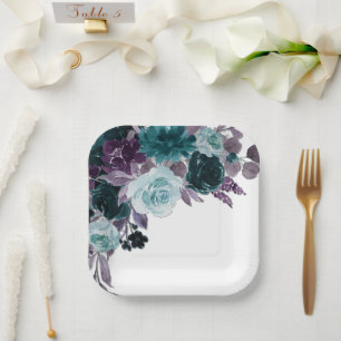 Moody Boho   Teal and Turquoise Floral Bouquet Paper Plate