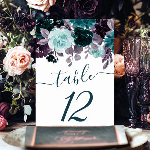 Moody Boho Teal and Turquoise Floral Garland Table Number