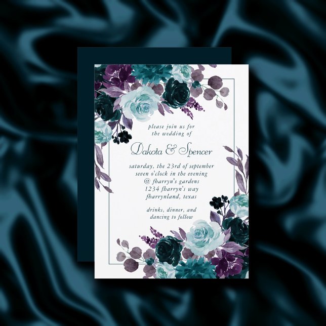 Moody Boho | Teal Dark Floral Silver Frame Wedding Invitation (Creator Uploaded)