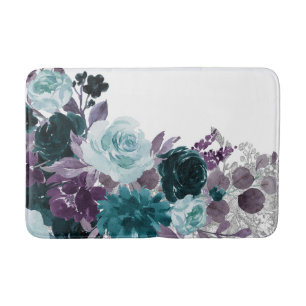 Moody Boho Teal Turquoise Dark Floral Shimmer Bath Mat