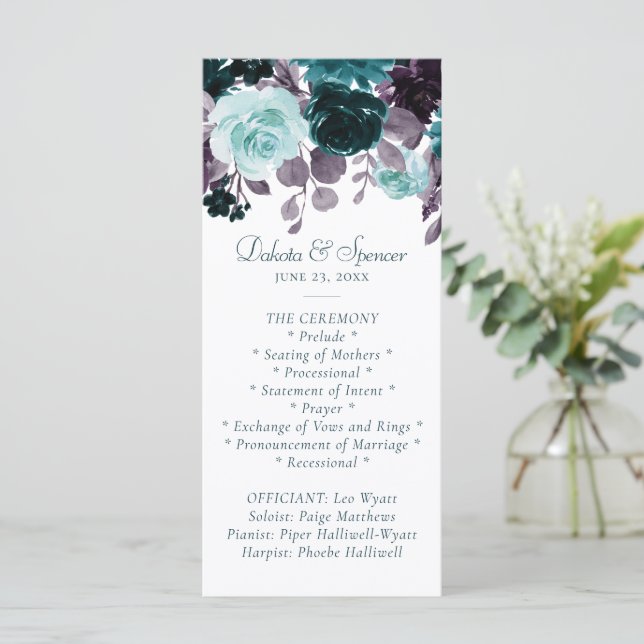 Moody Boho | Teal Turquoise Dark Floral Wedding Program (Standing Front)