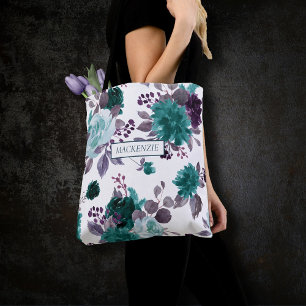 Moody Boho   Teal Turquoise Floral Bridal Party Tote Bag
