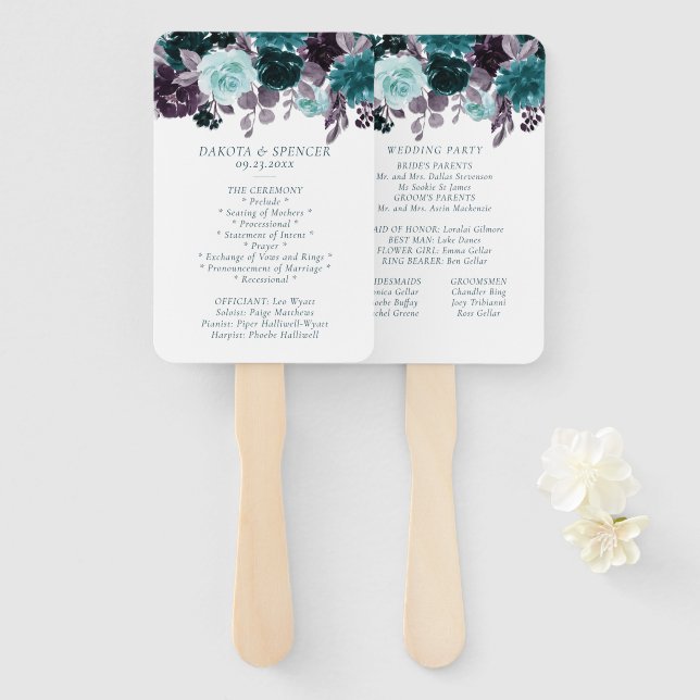 Moody Boho | Teal Turquoise Purple Garland Program Hand Fan (Front and Back)