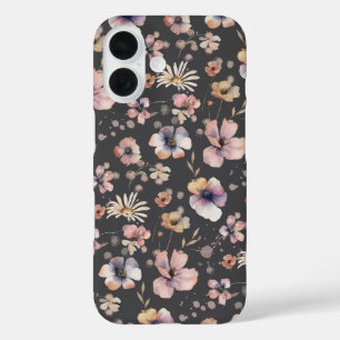 Moody Boho Watercolor Blush Wildflowers Pattern iPhone 16 Case