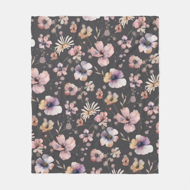 Moody Boho Watercolor Blush Wildflowers Pattern  Fleece Blanket (Front)