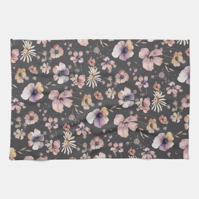 Moody Boho Watercolor Blush Wildflowers Pattern  Kitchen Towel (Horizontal)