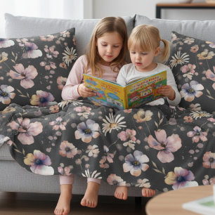 Moody Boho Watercolor Blush Wildflowers Pattern Throw Pillow