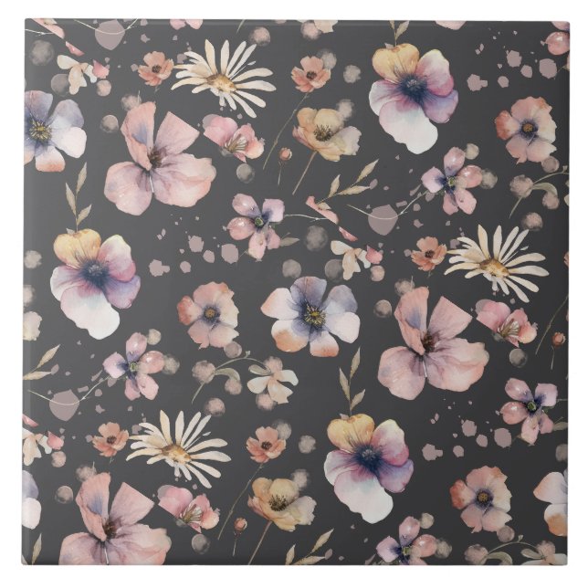 Moody Boho Watercolor Blush Wildflowers Pattern  Tile (Front)