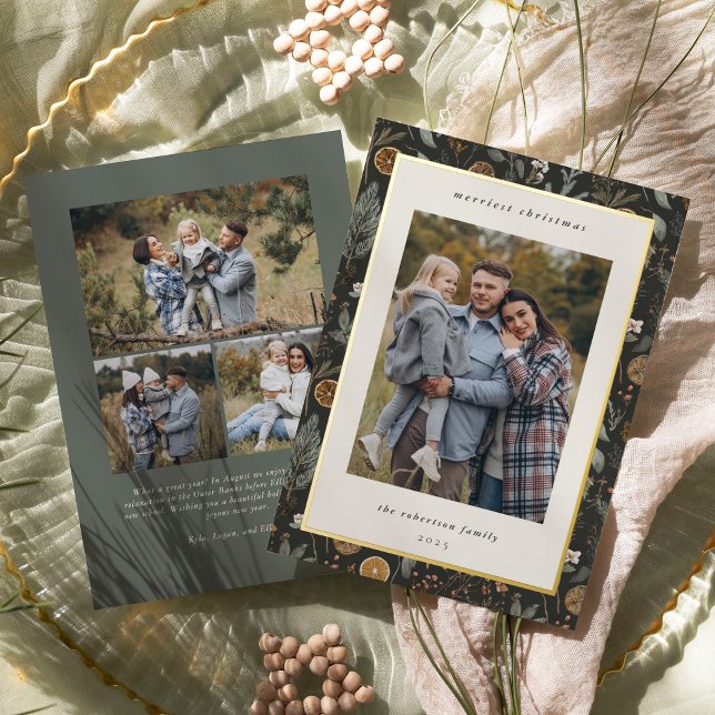 Moody Botanical Multi Photo Double Sided Gold Foil Holiday Card (Creator Uploaded)