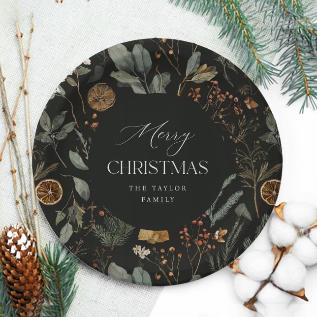 Moody Botanical Personalized Christmas Paper Plate (Creator Uploaded)