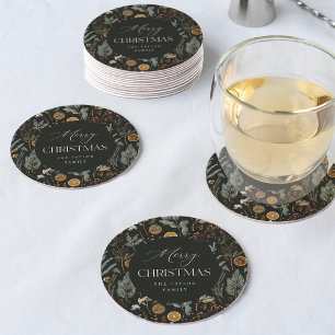 Moody Botanical Personalized Christmas Party Round Paper Coaster