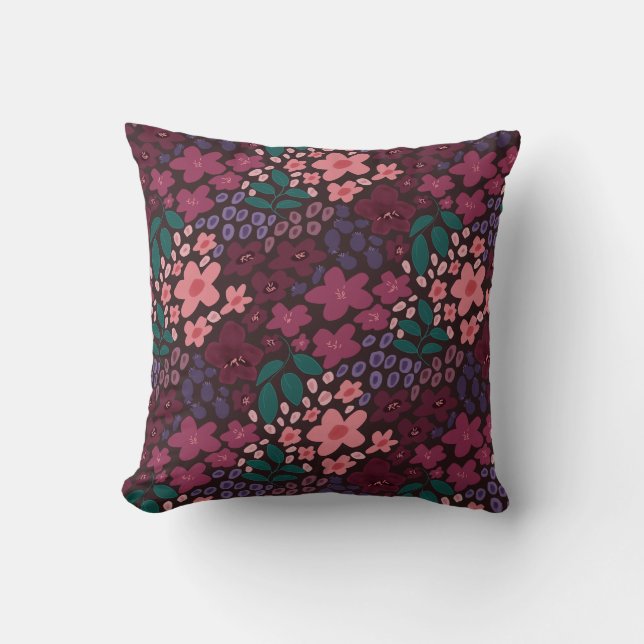 Moody Burgandy Floral Throw Pillow (Front)