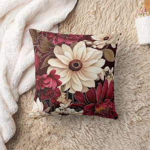 Moody Burgundy and Cream Florals Throw Pillow
