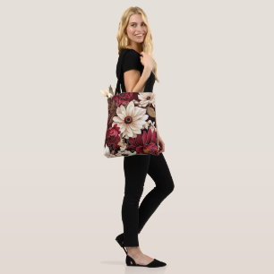 Moody Burgundy and Cream Florals Tote Bag