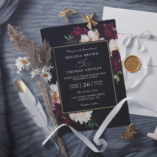 Moody Burgundy Blush Floral QR Code Wedding Invitation