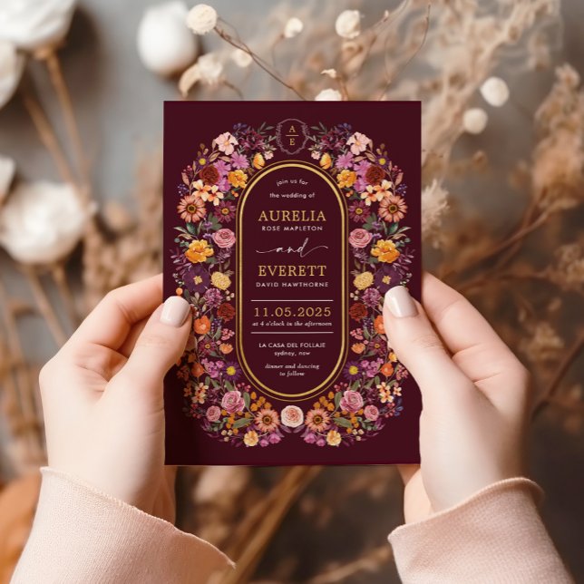 Moody Burgundy Fall Wildflower Garden Wedding Invitation (Creator Uploaded)