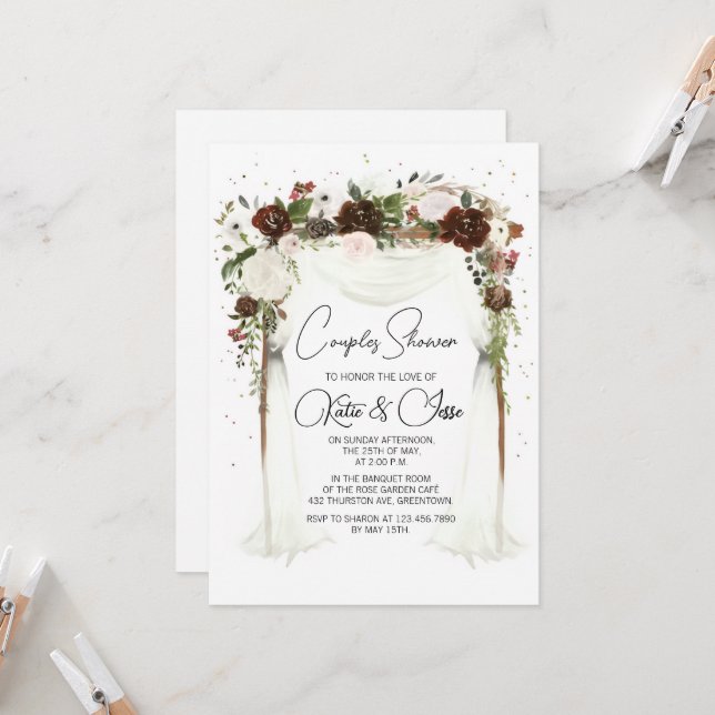 Moody Burgundy Floral Arch Couples Shower  Invitation (Front/Back In Situ)