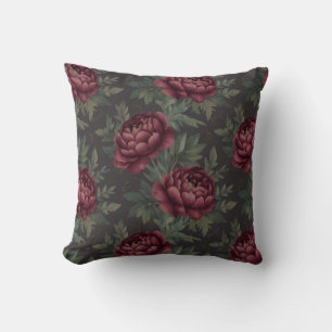 Moody Burgundy Floral French Toile Pattern Throw Pillow