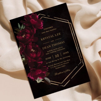 Moody Burgundy Floral Peonies Wedding Invitation