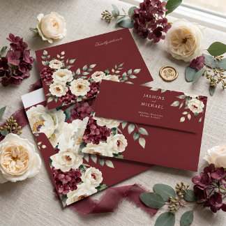 Moody Burgundy Ivory Floral Winter Wedding Envelope