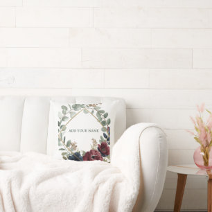 Moody Burgundy Navy Floral Gold Geometric Wedding  Throw Pillow