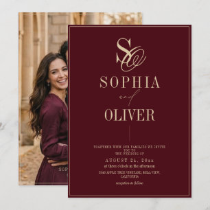 Moody Burgundy Photo Modern Wedding Invitation