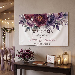 Moody Burgundy Plum Floral Fall Wedding Welcome Banner
