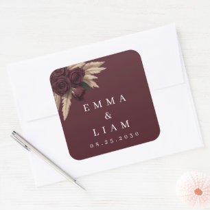 Moody Burgundy Rose Pampas Grass Wedding Square Sticker