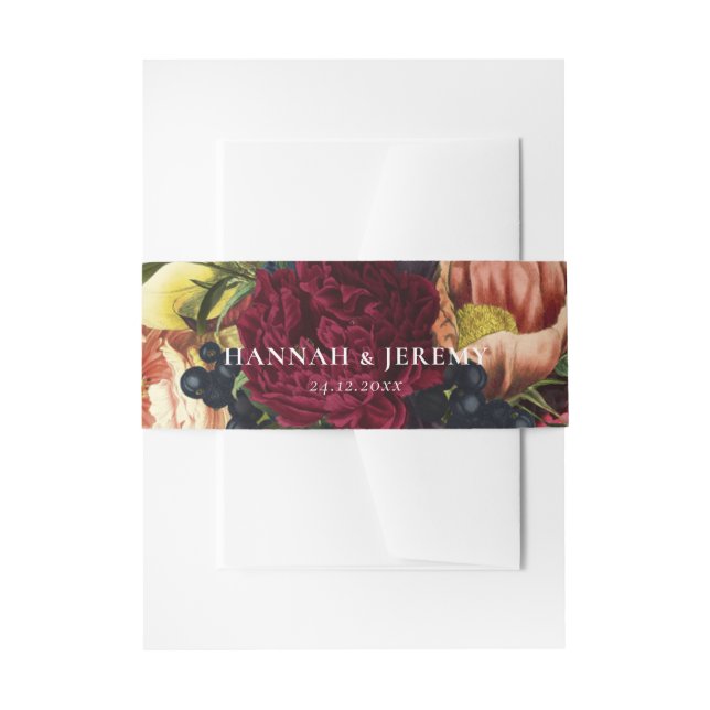 Moody Burgundy Winter Floral Wedding  Invitation Belly Band (Front Example)