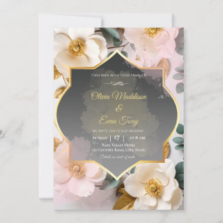 Moody Charcoal and Gold Floral Magnolia Wedding In Invitation