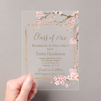 Moody Charcoal and Pink Cherry Blossom Graduation Acrylic Invitations