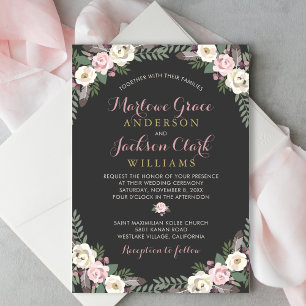 Moody Charcoal Floral Script Wedding Invitation