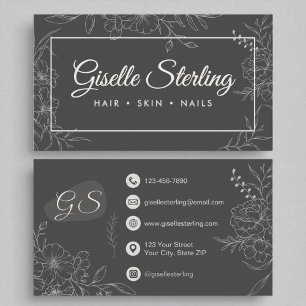 Moody Charcoal Gray Floral Line Art Modern Script Business Card