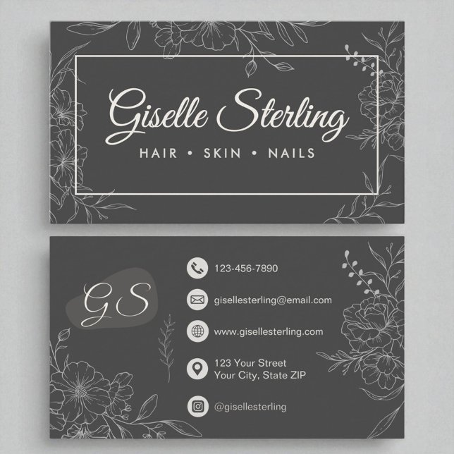 Moody Charcoal Grey Floral Line Art Modern Script Business Card (Creator Uploaded)