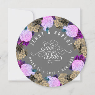 Moody Charcoal Grey Vintage Floral Fuchsia Rose Save The Date