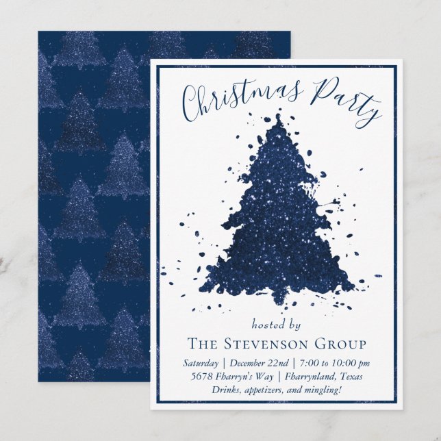 Moody Christmas Tree | Classy Dark Navy Blue Party Holiday Card (Front/Back)