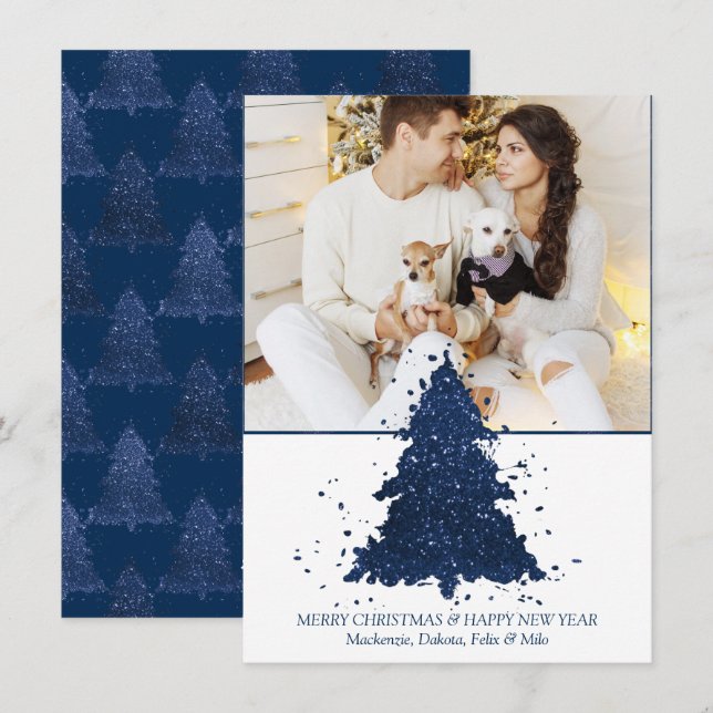 Moody Christmas Tree | Classy Dark Navy Blue Photo Holiday Card (Front/Back)