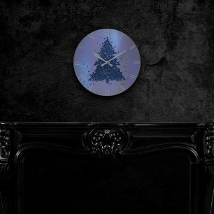 Moody Christmas Tree Classy Navy Blue Splatter Round Clock