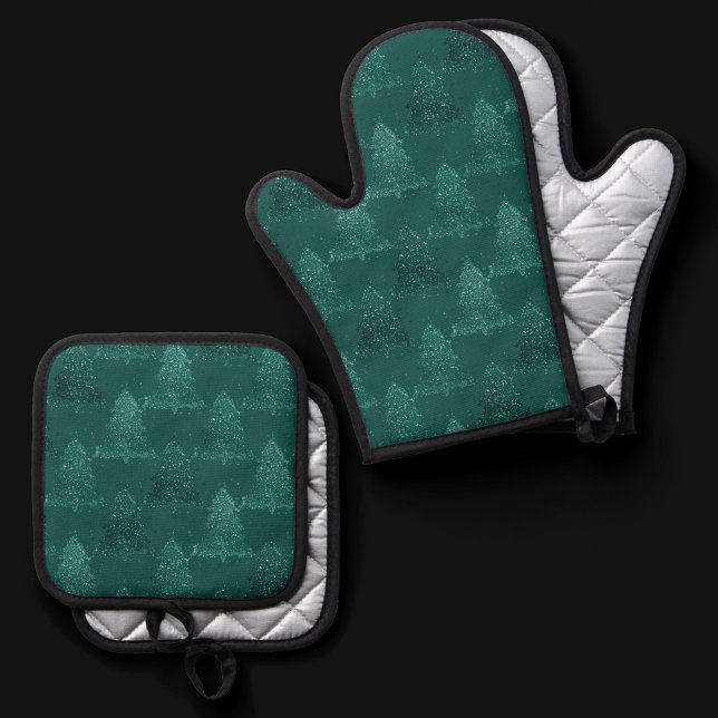 Moody Christmas Tree | Dark Midnight Teal Green Oven Mitt & Pot Holder Set (Creator Uploaded)