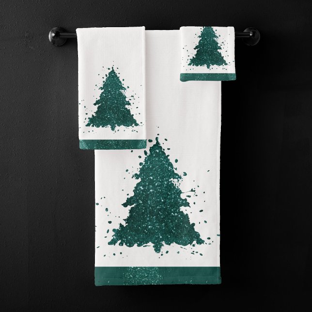 Moody Christmas Tree | Dark Midnight Teal Splatter Bath Towel Set (Creator Uploaded)