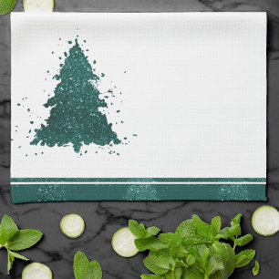 Moody Christmas Tree Dark Midnight Teal Splatter Kitchen Towel